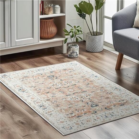 Area Rug 4x6 Washable Rug - Vintage Bedroom Rug for Girl Boho Floral Print - Picture 6 of 7